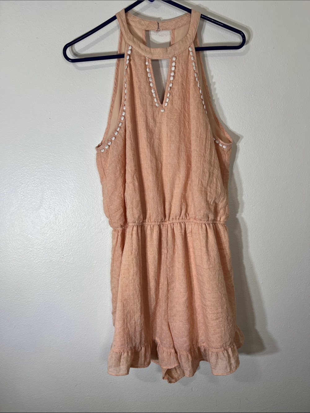 Andree Peach Halter Romper with Shell Accents